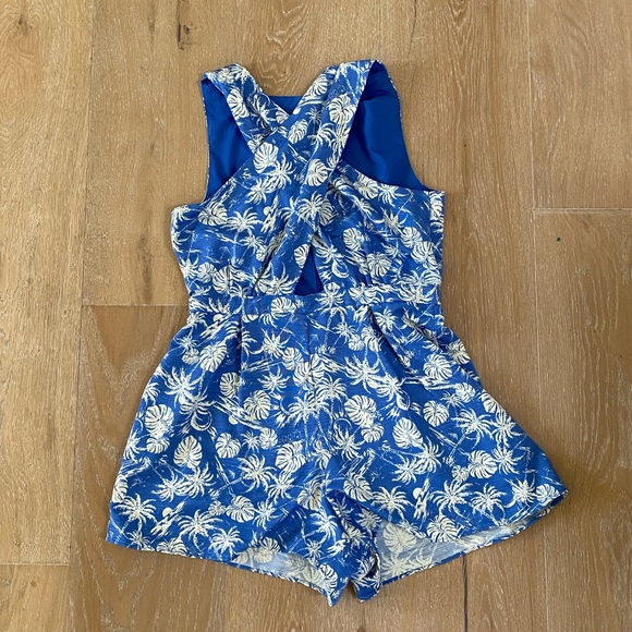 TopShop Palm Print Blue Cross Front Romper Large - Picture 5 of 8